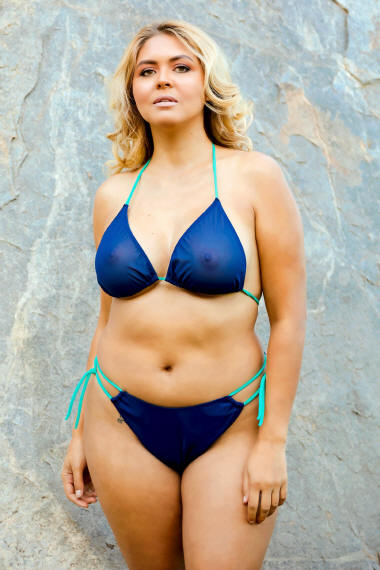 Sheer See Through plus size bikini swimsuit in sizes to 22 with thong bikini swimsuit bottoms or sheer Rio bottoms