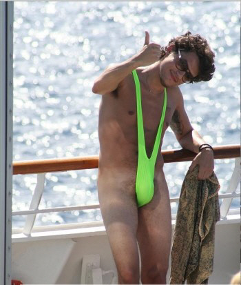 Singer John Mayer wearing his Borat thong swimsuit by Brigitewear on his cruise