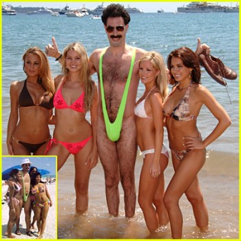 Borat wearing his Borat thong swimsuit by Brigitewear