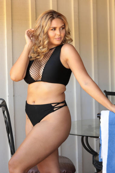 Shown here with Side Cross thong bottom in a Black thong bikini swimsuit